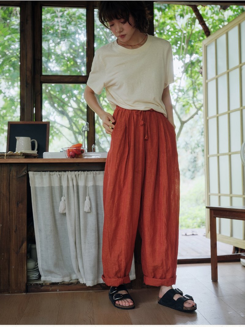 兩色亞麻氣球褲松緊腰復古 - 女長褲 - 棉．麻 多色