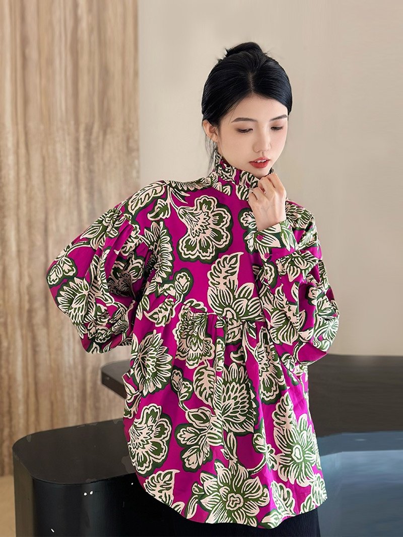 【青花瓷】新中式復古中國風 高領上衣襯衫 - 女上衣/長袖上衣 - 其他材質 多色