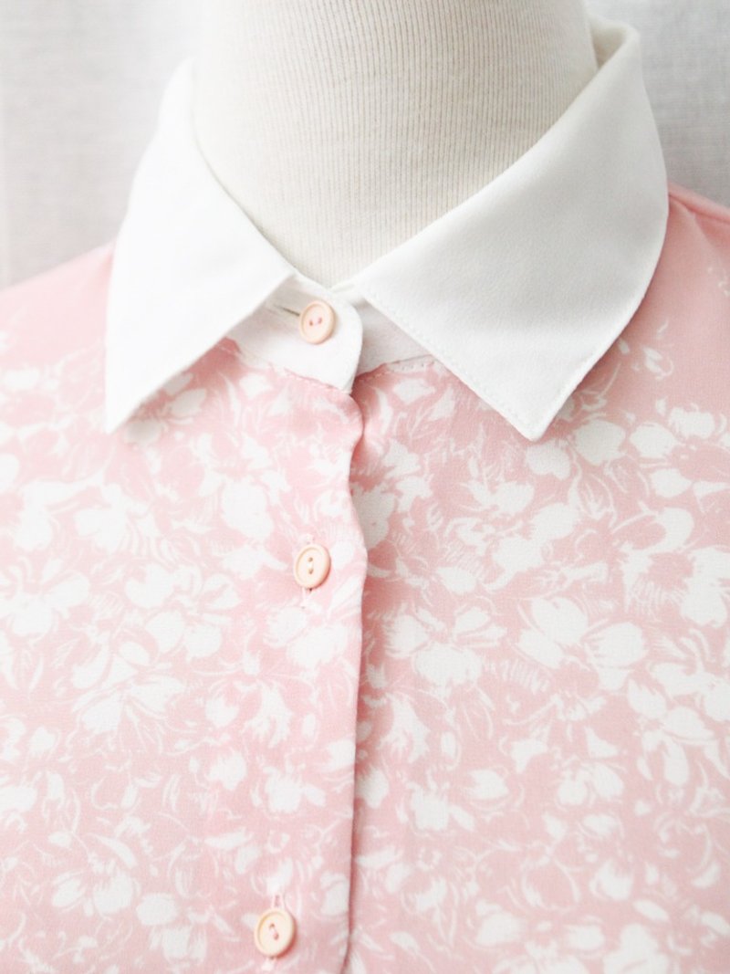 【RE0720T105】日本製復古甜美碎花拼接領粉色古著襯衫 - 女襯衫 - 聚酯纖維 粉紅色