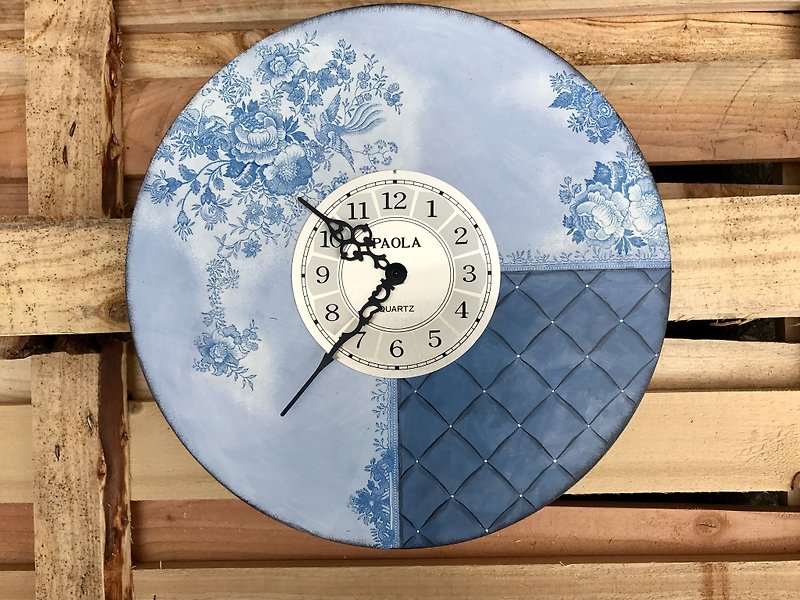 POPO │ Royal Athens Blue │ hand-painted collage │ manual clock - นาฬิกา - ไม้ สีน้ำเงิน