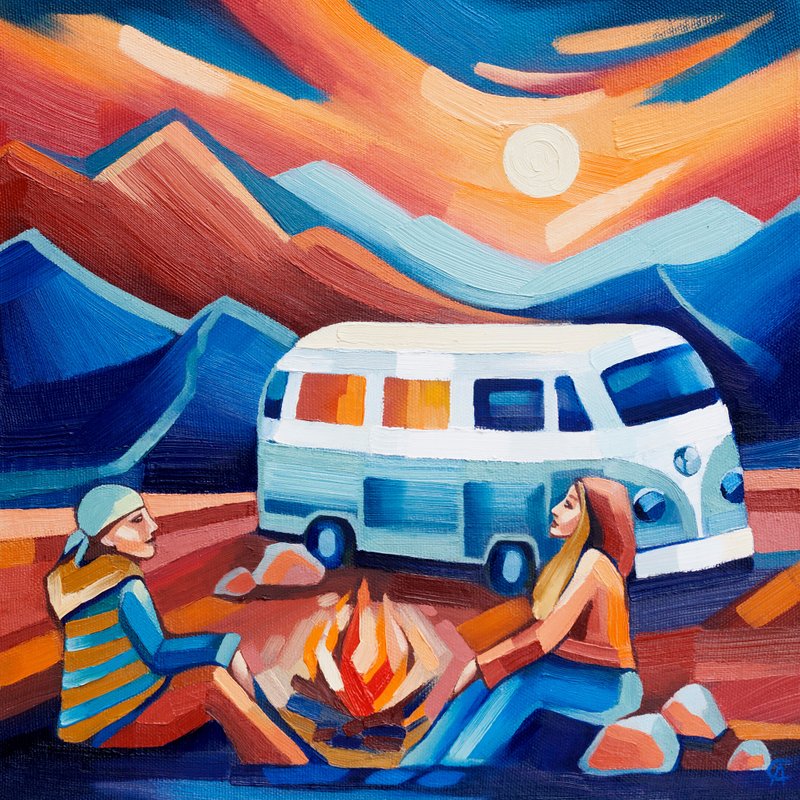 Traveling Painting Motorhome Original Art Romantic Artwork Mountain Landscape - 海報/掛畫/掛布 - 其他材質 藍色