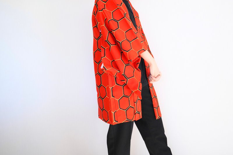 Japanese KIMONO, orange kimono, haori, authentic kimono, traditional kimono - 女大衣/外套 - 聚酯纖維 橘色
