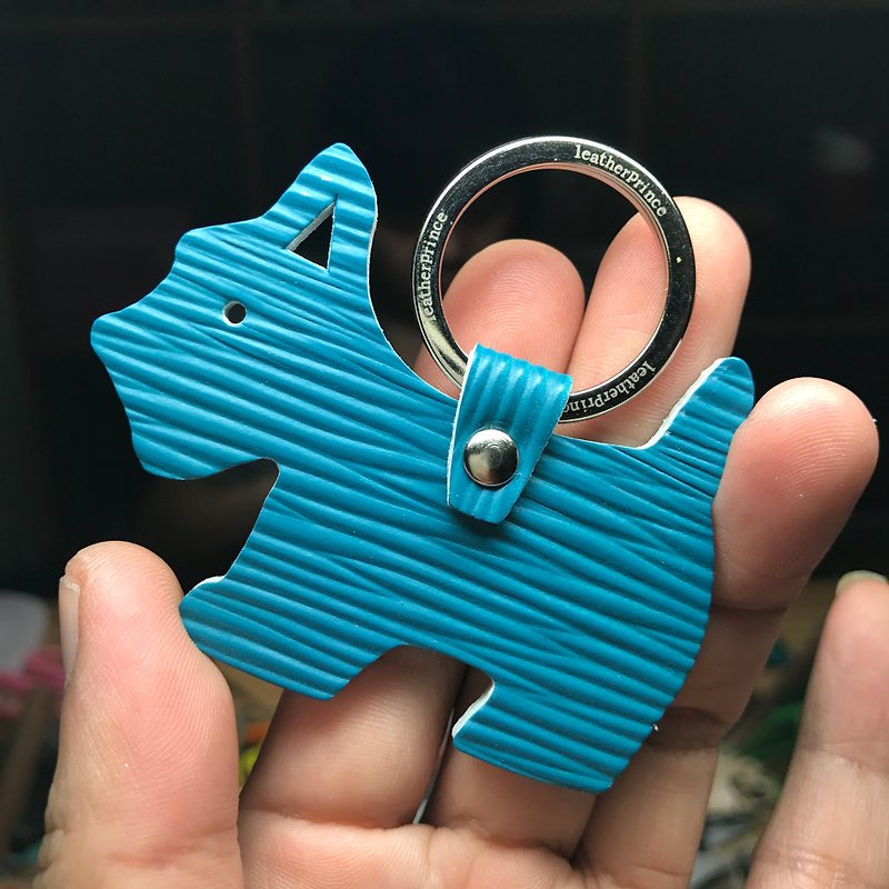 {Leatherprince handmade leather} Taiwan MIT blue cute shenrui silhouette version leather key ring / Schnauzer Silhouette epi leather keychain in teal (small size / - Keychains - Genuine Leather Blue