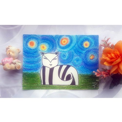 Artkingdom7 your beautiful gift Cat Gogh Starry Night Oil Pastel Art on Watercolor Paper, Outsider Painting