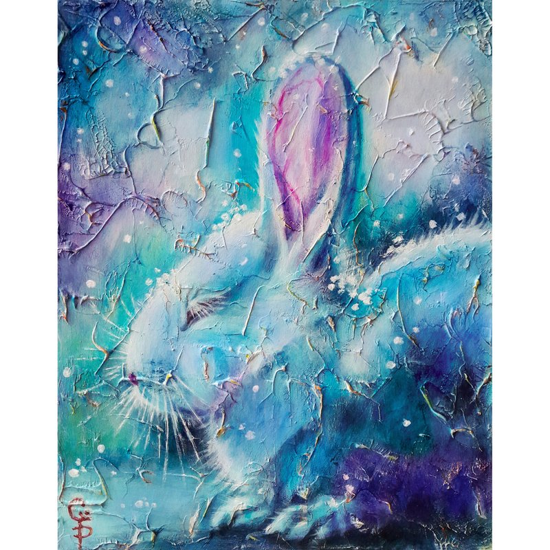 Rabbit Oil Painting Hare Wall Art Wild Animal Winter Forest Home Decor Artwork - ตกแต่งผนัง - วัสดุอื่นๆ สีน้ำเงิน