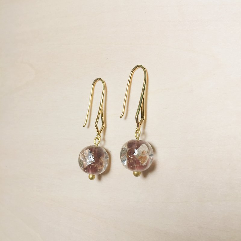 Vintage 芋 purple round side square gold and silver foil glass earrings - ต่างหู - กระจกลาย สีม่วง
