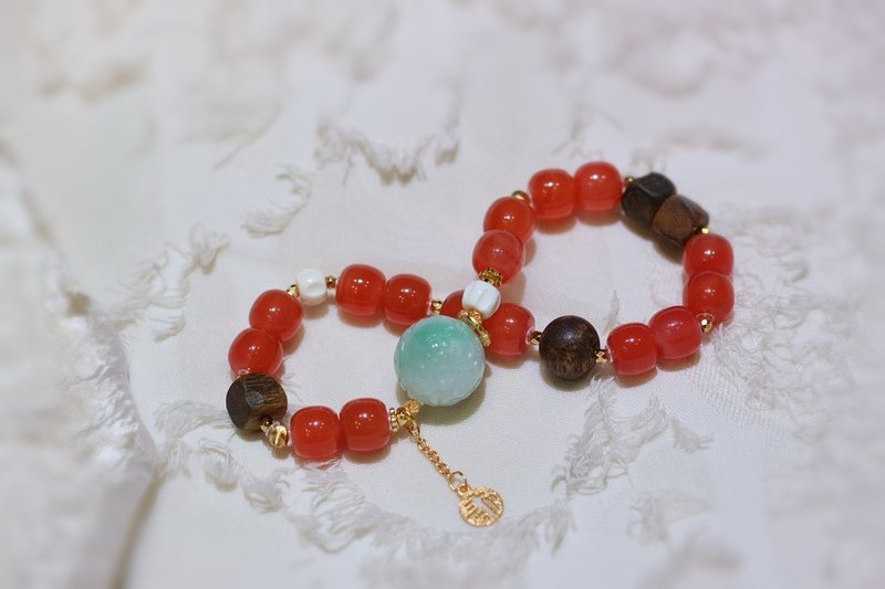 天然川料南紅手鏈櫻桃紅老型珠南紅手鏈搭配翡翠轉運珠沉香新中式 - 手鍊/手環 - 玉石 