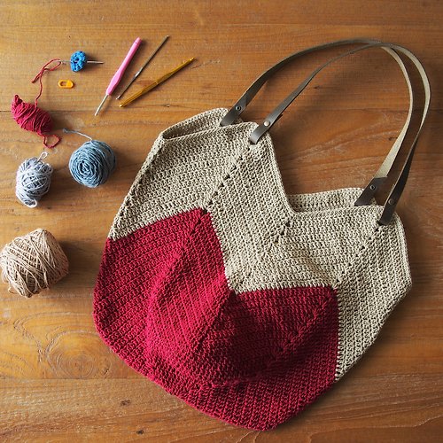 manyjoystudio Handmade Granny square crochet shopping bag mixs Natural, Dark Red