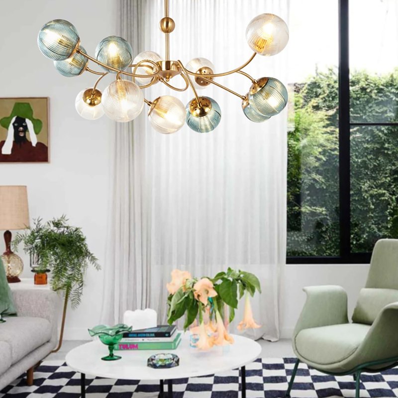 Blooming Straight Rod Chandelier-12 Lights (Gold Body + Colored Glass) - โคมไฟ - โลหะ 