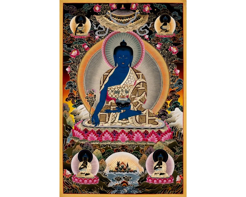 金色藥師佛唐卡藝術 | 神聖治癒佛 - 壁貼/牆壁裝飾 - 其他材質 多色