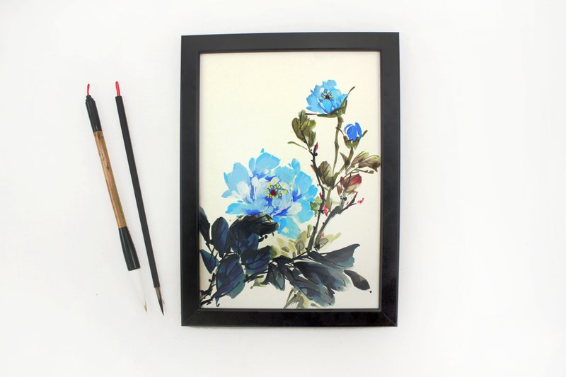 Swaying Water Blue-Hand-painted Wall Painting Peony Flower Chinese Painting Home Decoration (With Picture Frame) - Posters - Other Materials Blue