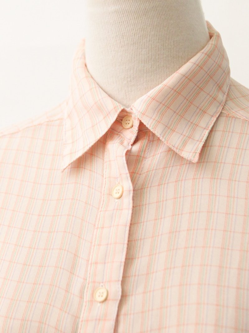 レトロな日本製の甘いかわいいピンクのオレンジのチェック柄のチェック柄のヴィンテージシャツ - シャツ・ブラウス - ポリエステル オレンジ