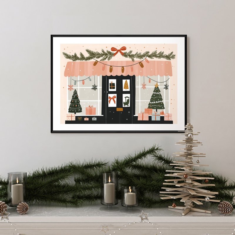 The Little Gift Shop in the Snow - Wall Prints, Christmas gift - Posters - Cotton & Hemp Pink