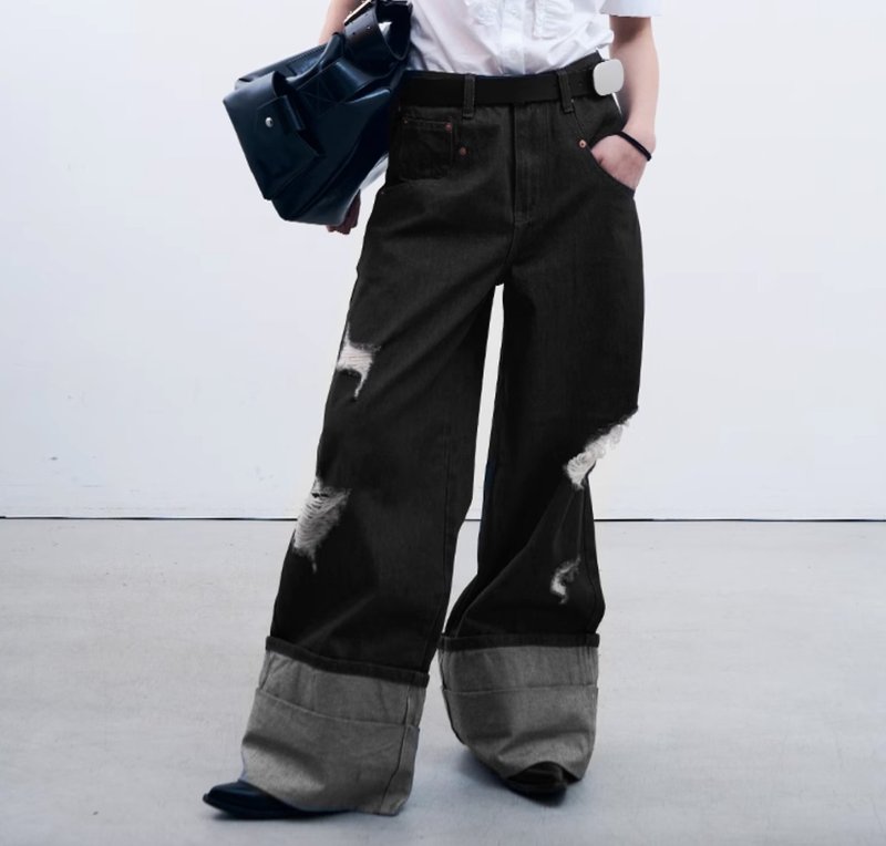 Japanese retro loose ripped denim trousers - กางเกงขายาว - วัสดุอื่นๆ สีเทา