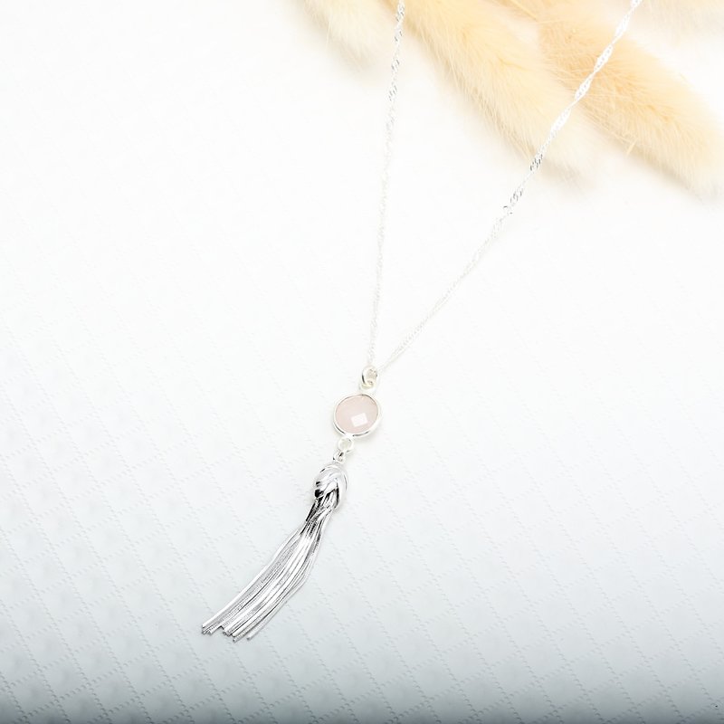 Elegant Rose Quartz tassel s925 sterling silver necklace Valentine's Day - Necklaces - Crystal Pink