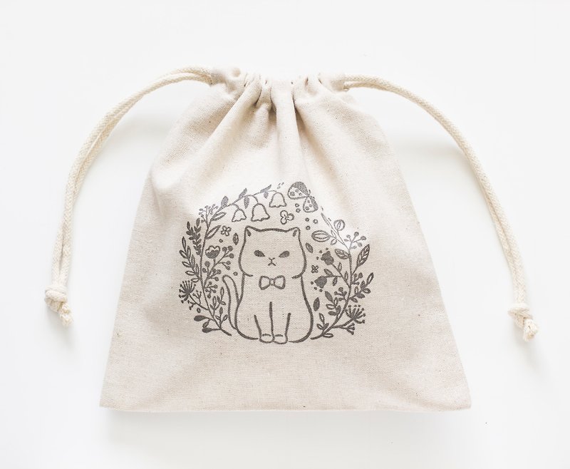 Cat's Garden | Drawstring Pocket | Cosmetic Bag - กระเป๋าเครื่องสำอาง - ผ้าฝ้าย/ผ้าลินิน ขาว