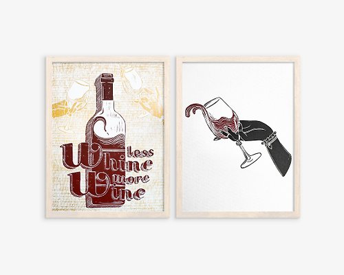 daashart Less whine more wine Linocut print Women hand with glass of red wine wall art