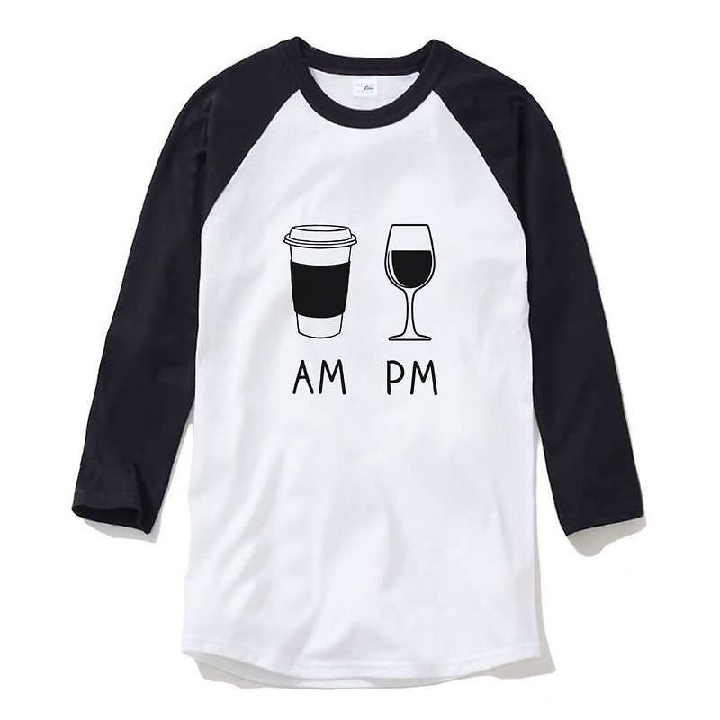 COFFEE AM WINE PM unisex 3/4 sleeve white/black t shirt - เสื้อยืดผู้ชาย - ผ้าฝ้าย/ผ้าลินิน ขาว