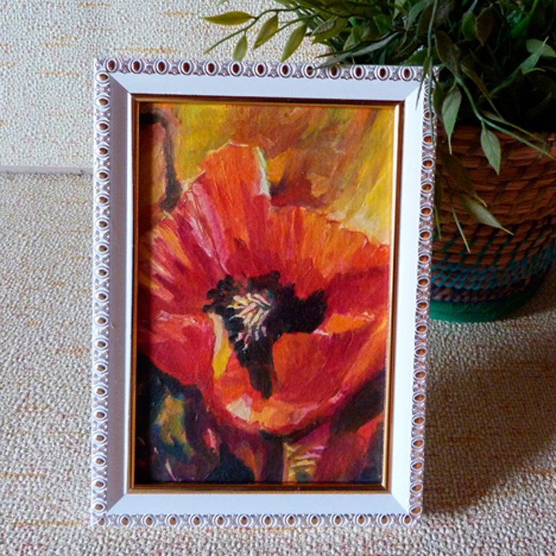 Poppy flower oil painting - original small artwork - framed floral painting - โปสเตอร์ - วัสดุอื่นๆ สีแดง