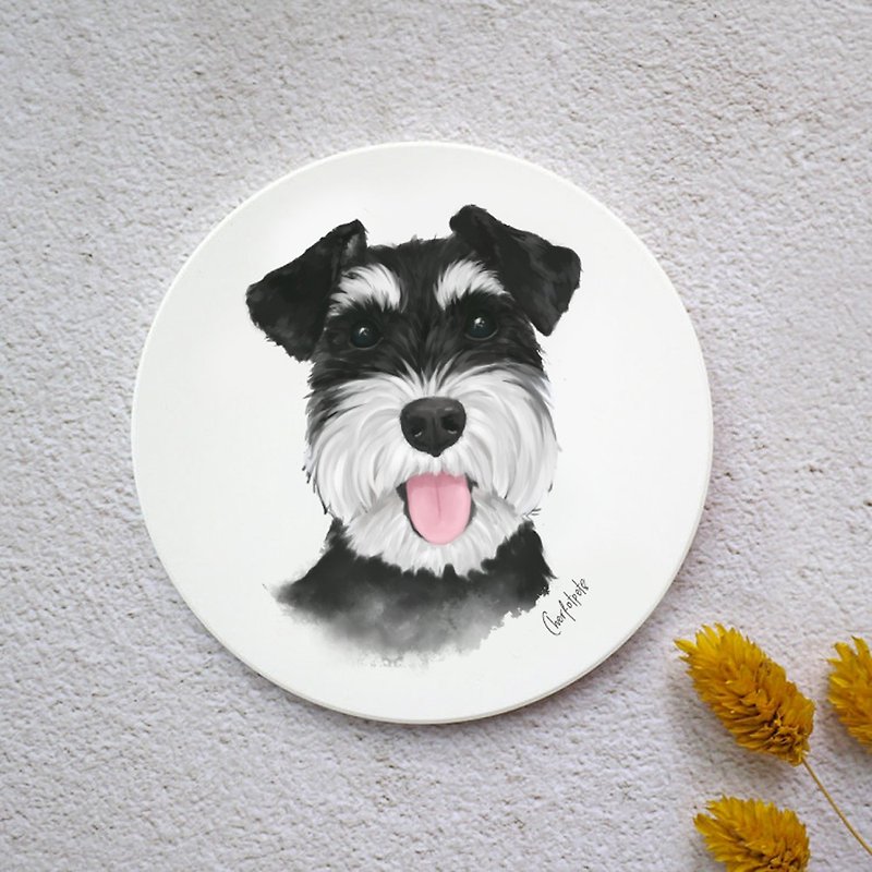 Watercolor Style Pet Portrait Coaster (Schnauzer-Black) - Other - Pottery White