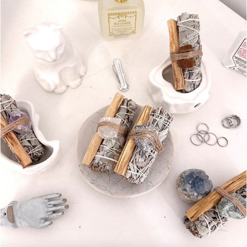 【4:20 vibin lab】Holy wood white sage ore crystal combination straw staff purifies the space heart - ของวางตกแต่ง - วัสดุอื่นๆ 