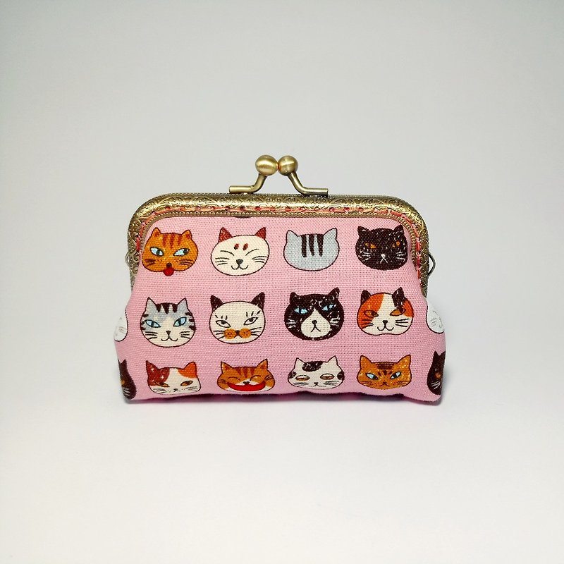 1987 Handmades [Little Flower Cat-Pink] Gold-mouthed Coin Purse Clutch - กระเป๋าคลัทช์ - ผ้าฝ้าย/ผ้าลินิน สึชมพู