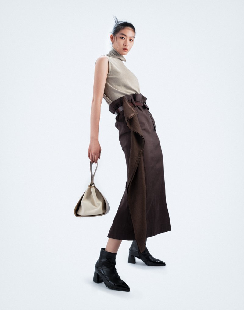 UUIN_Coffee insert style long skirt - Skirts - Other Materials Brown