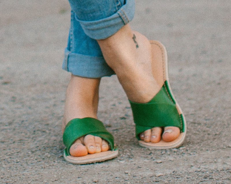 Greenery Sandals, Flip-Flops, Leather Sandals, Green Leather Flip-Flops, Casual - Sandals - Genuine Leather Green