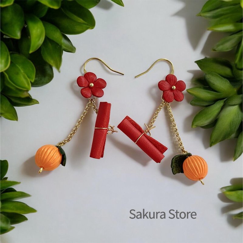 Leather flower earrings, wishing plate earrings, Hong Kong style - ของวางตกแต่ง - หนังแท้ หลากหลายสี