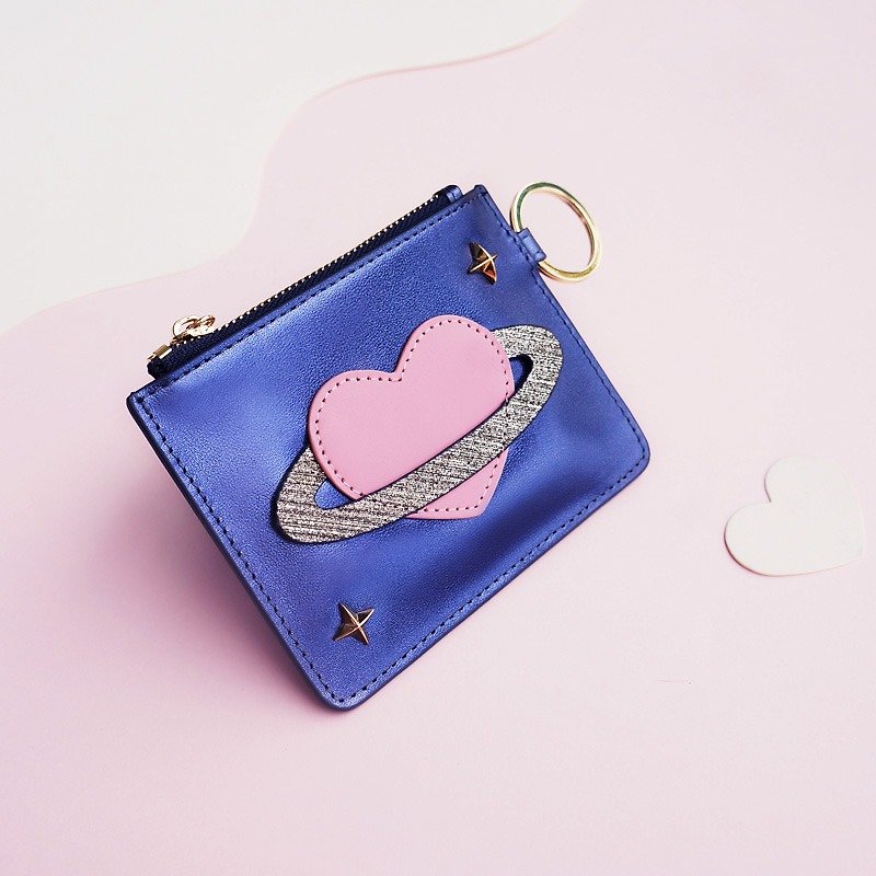 <Izzmi> Metal Blue Dream Girl Heart Planet Card Mini Card Pack Ultra Thin Head Cream - Coin Purses - Genuine Leather Blue
