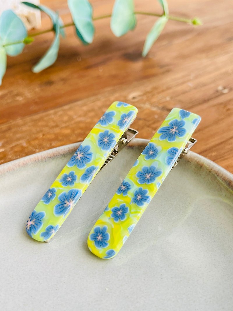 Polymer Clay Hair Clip Blue flower pattern on Lime Green Base - Hair Accessories - Pottery Blue