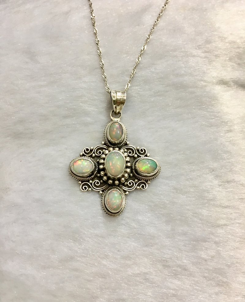 Opal Pendant Cross designed 92.5% Silver Handmade in Nepal - Necklaces - Gemstone 