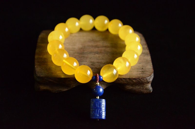 [Autumn leaves] Amber natural organic gemstone amber lapis lazuli classical literary bracelet bracelet - สร้อยข้อมือ - เครื่องเพชรพลอย สีเหลือง