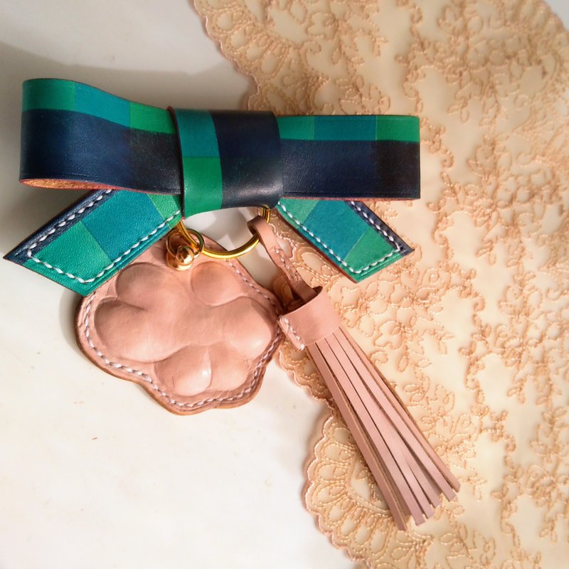 Genuine leather-Hand-stitched-Real paws of your precious pet-Keychain green plaid - Custom Pillows & Accessories - Genuine Leather Pink