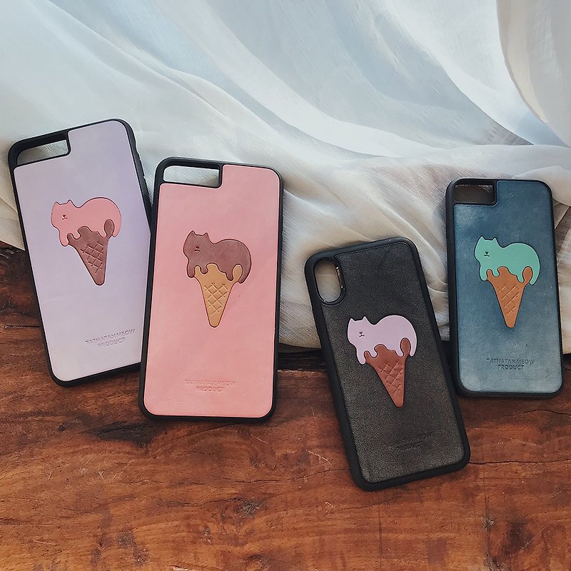 ice cream cat Leather iPhone Case - เคส/ซองมือถือ - หนังแท้ หลากหลายสี
