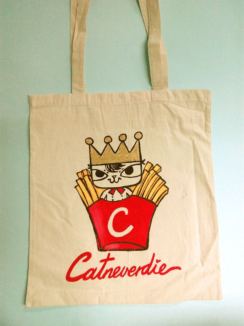 Hong Kong design French Fries King cat hand drawing tote bag/ canvas - กระเป๋าแมสเซนเจอร์ - ผ้าฝ้าย/ผ้าลินิน ขาว