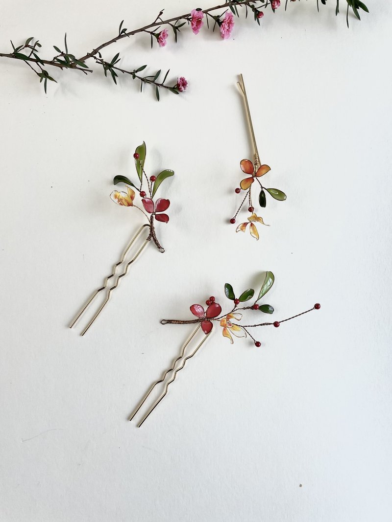 Spring flower banquet hair fork hairpin set - เครื่องประดับผม - เรซิน สีแดง