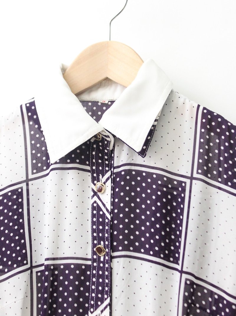 【RE1004D1444】 early autumn Japanese system retro purple lattice dots short-sleeved ancient dress - ชุดเดรส - เส้นใยสังเคราะห์ สีม่วง