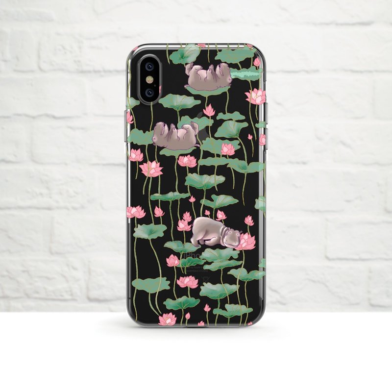 lotus and hippo, Clear Soft Phone Case, iPhone, Samsung - เคส/ซองมือถือ - ซิลิคอน สีม่วง