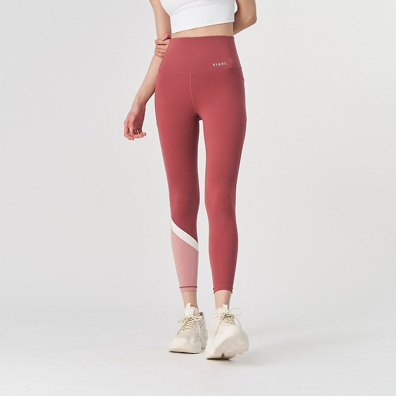 【GLADE.】Impress pocket high waist cropped tight yoga trousers (dry rose) - Women's Sportswear Bottoms - Nylon Pink