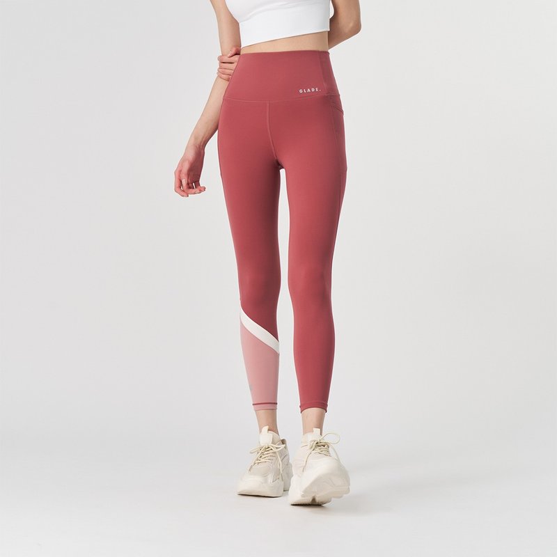 【GLADE.】Impress pocket high waist cropped tight yoga trousers (dry rose) - กางเกงวอร์มผู้หญิง - ไนลอน สึชมพู