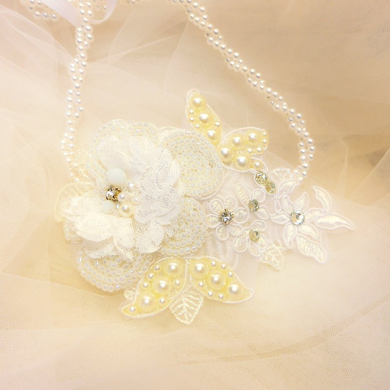 古典優雅水鑽蕾絲 珍珠髮帶頭環-C-0009-2 - 髮夾/髮飾 - 繡線 白色