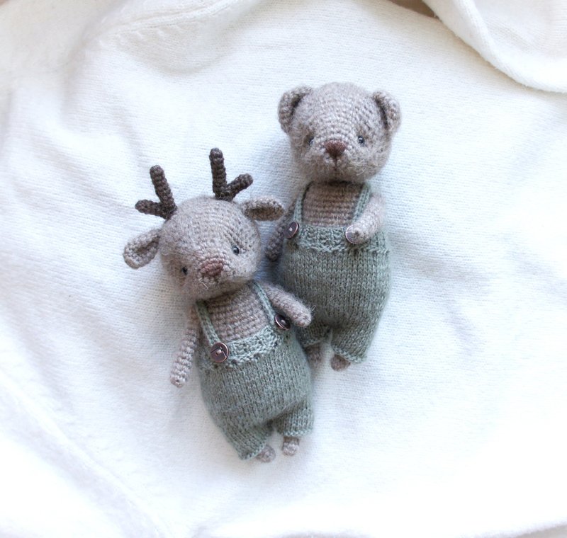 Set of Soft Deer and Bear, Woodland Stuffed Animals Dolls, Dolls with clothes - 玩偶/公仔 - 羊毛 綠色