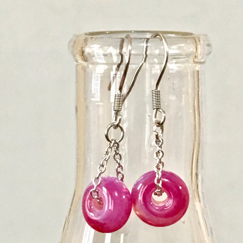 純色系列-深粉不透明琉璃耳環 - 耳環/耳夾 - 玻璃 粉紅色