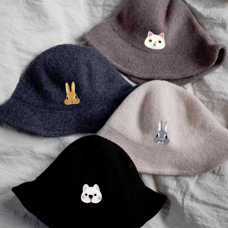 【Q-cute】帽子系列-漁夫帽-狗頭、貓頭、兔頭-加字/客製化 - 帽子 - 羊毛 多色