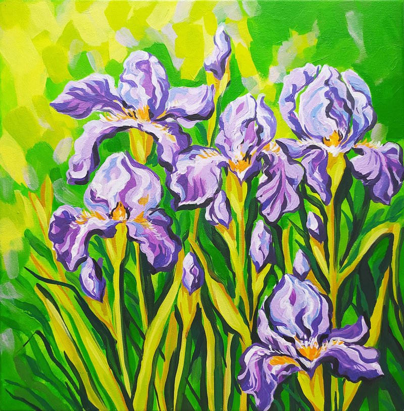 Painting with flowers Irises bouquet of spring flowers purple irises for women - Wall Décor - Other Materials Green