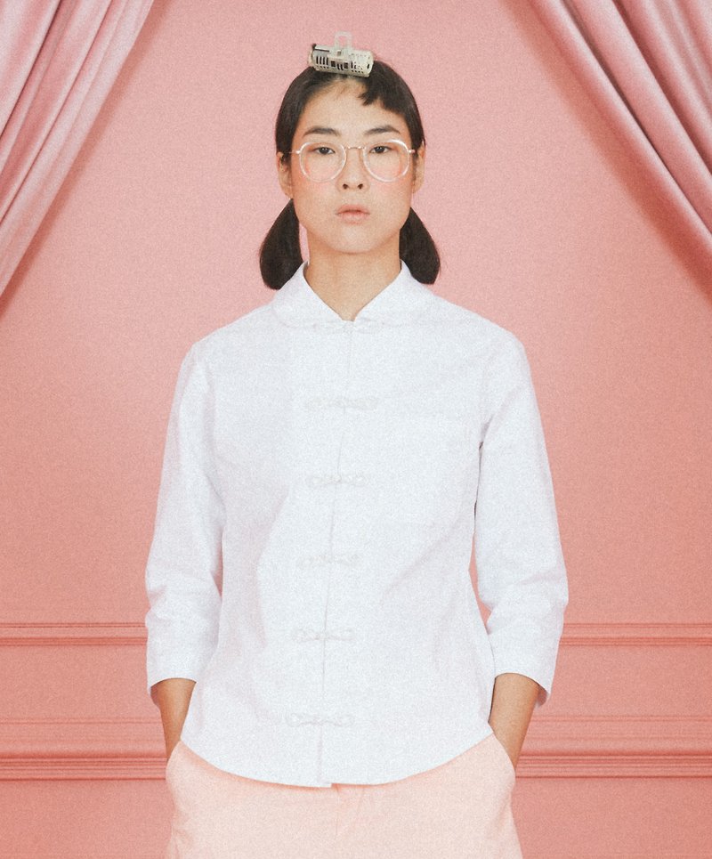 peter pan collar mandarin shirt (unisex) - เสื้อเชิ้ตผู้หญิง - ผ้าฝ้าย/ผ้าลินิน ขาว
