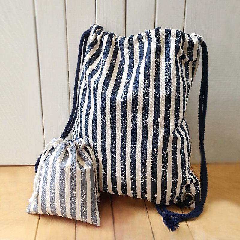 WaWu束口後背包+小收納袋 (條紋)訂製款* - 水桶包/束口袋 - 棉．麻 藍色