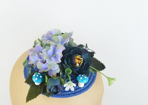 Elle Santos Headpiece with Deep Blue Silk Flowers and Cute Mushrooms Floral Crown Wedding