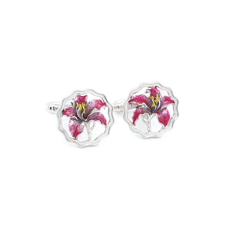 HK357~Coin Shaped Bauhinia Sterling Silver Cufflinks with Enamel - กระดุมข้อมือ - เงินแท้ 